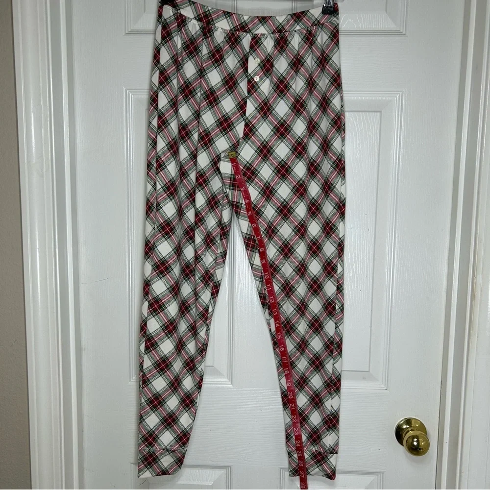 Lauren Ralph Lauren Stretchy Poly White Red Green Plaid Holidays Pajama Set S